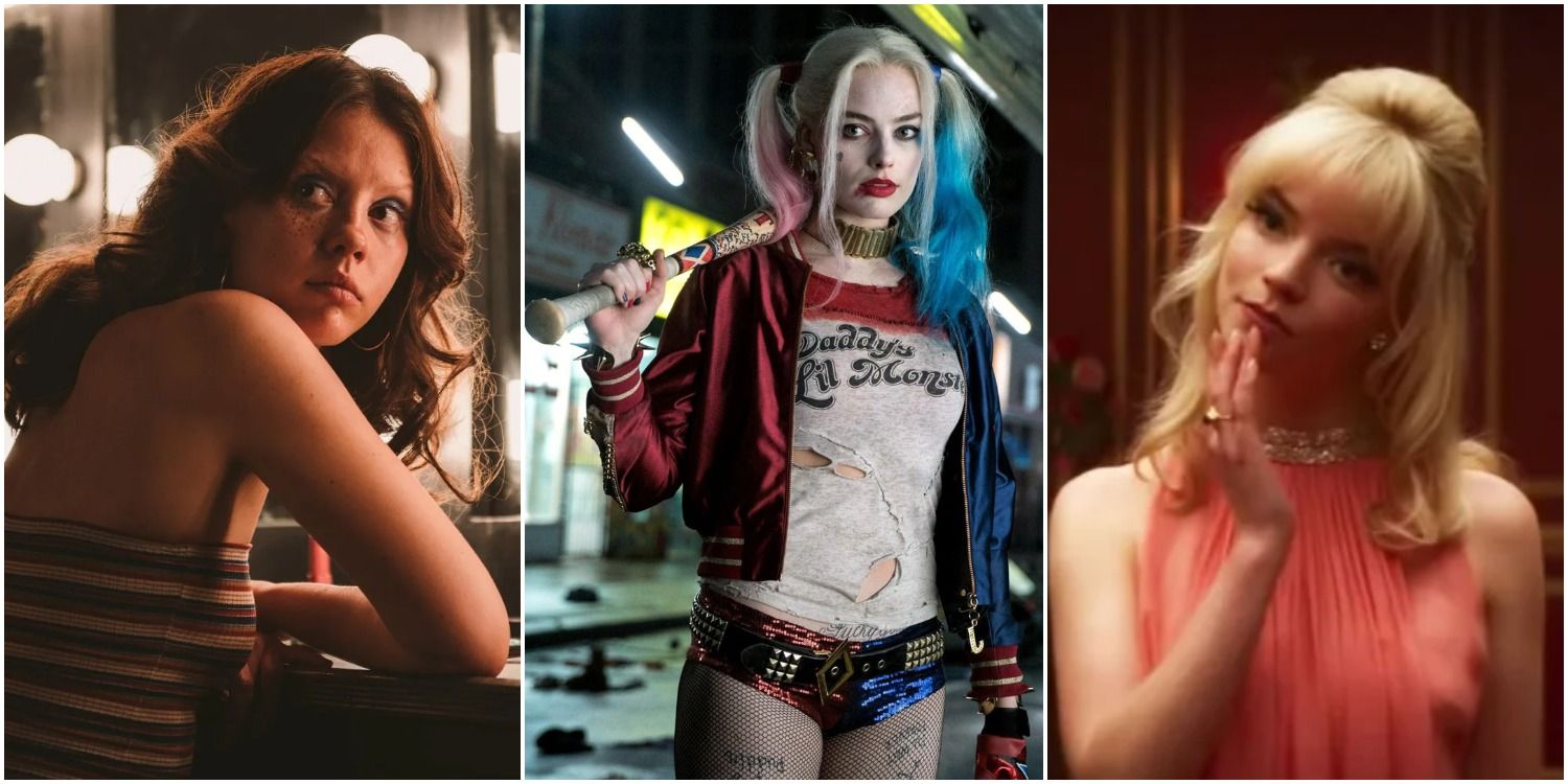 Mia Goth in X, Margot Robbie as Harley Quinn in Suicide Squad, and Anya Taylor Joy in Last Night in Soho Split Image